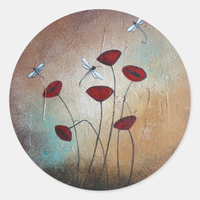 Dragonflies and Poppies Classic Round Sticker (Front)