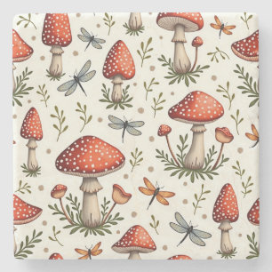 Dragonflies and Red Mushrooms Stone Coaster