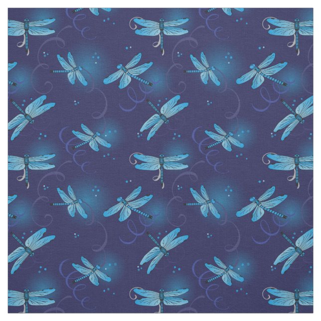 Dragonflies and Swirls Pattern in Midnight Blue Fabric (Swatch)