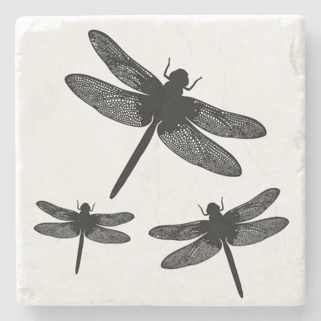 Dragonflies Black and White Silhouette Outline Stone Coaster (Front)