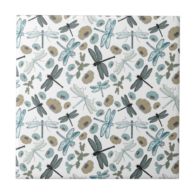 Dragonflies Chic Stylish Flowers Multi Coloured Tile (Front)