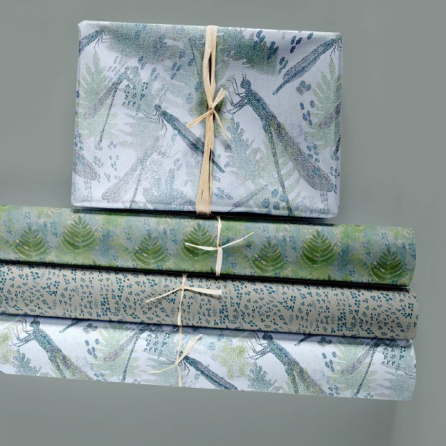 Dragonflies Floral Blue Trio Decoupage Wrapping Paper Sheet (Dragonflies Ferns Dew Drops Blues Greens Wrapping Paper Sheets from Studio Posies.)