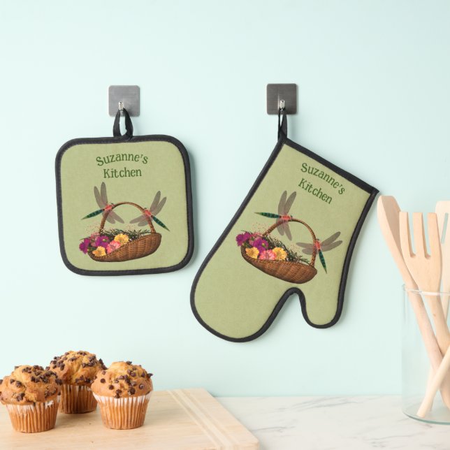 Dragonflies Flower Basket Personalised Oven Mitt & Pot Holder Set (Insitu(Hanging))
