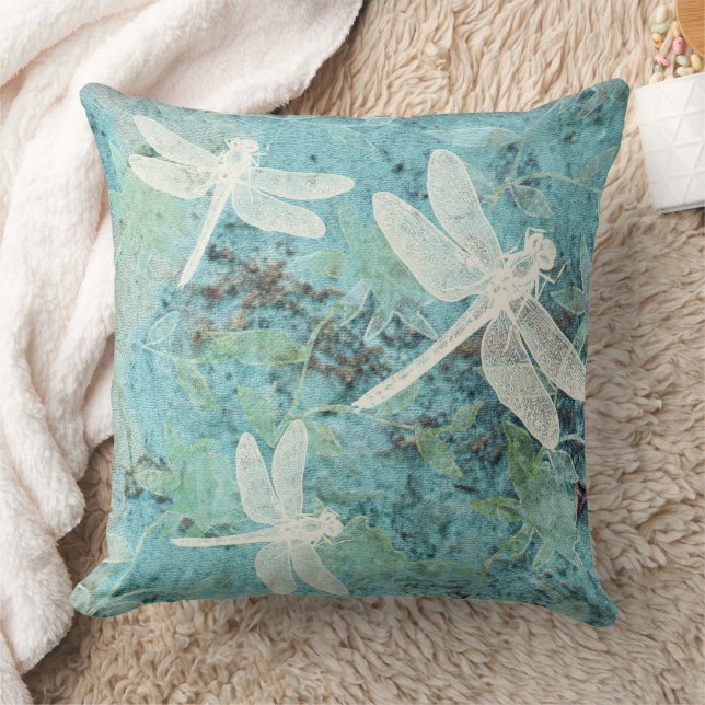 Dragonflies Flowers Pattern Teals Cream Blues Cushion (Blanket)