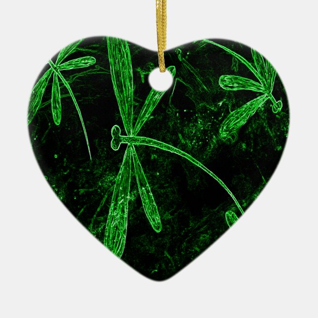 Dragonflies Neon Green Ceramic Tree Decoration (Front)