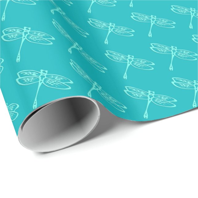 Dragonflies, pale aqua on turquoise wrapping paper (Roll Corner)