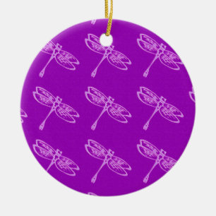 Dragonflies, pale orchid on deep purple ceramic tree decoration