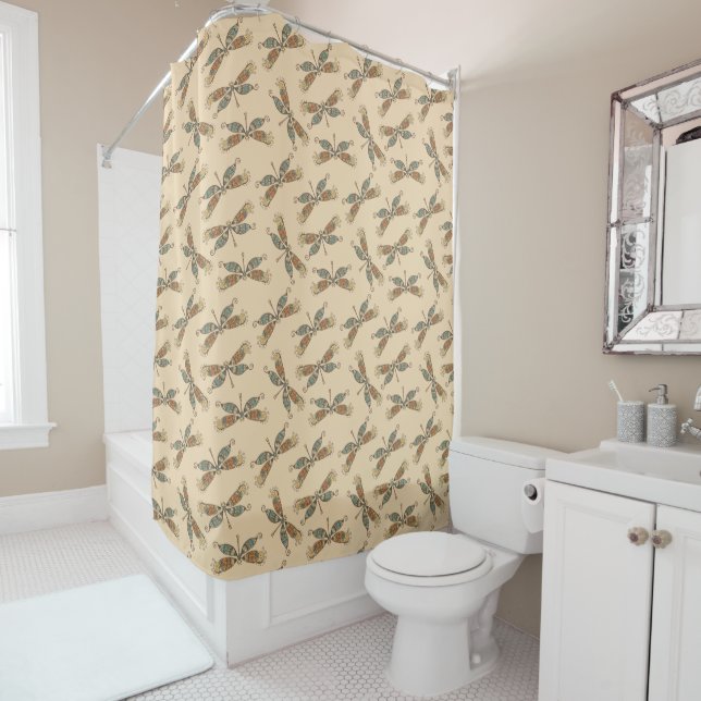 Dragonflies Pattern On Cream Yellow Shower Curtain (In Situ)