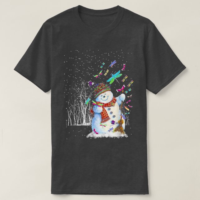 Dragonflies Snowman Scarf Christmas Tree Forest Wi T-Shirt (Design Front)