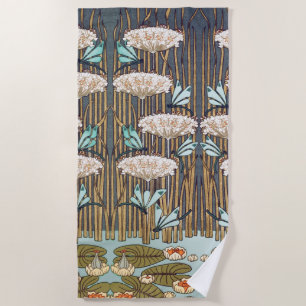 Dragonflies Water Lilies Marsh Art Nouveau Beach Towel