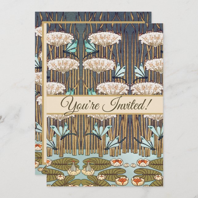 Dragonflies Water Lilies Marsh Art Nouveau Invitation (Front/Back)