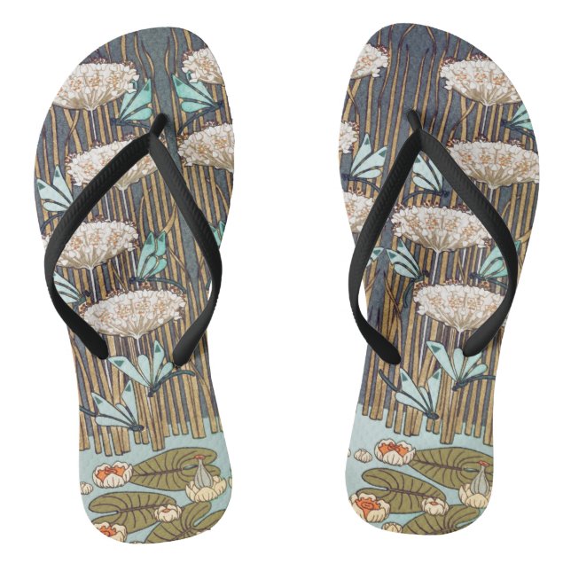 Dragonflies Water Lilies Marsh Art Nouveau Jandals (Footbed)