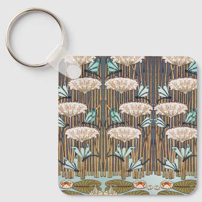 Dragonflies Water Lilies Marsh Art Nouveau Key Ring (Front)