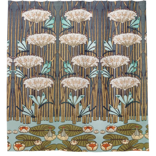 Dragonflies Water Lilies Marsh Art Nouveau Shower Curtain (Front)