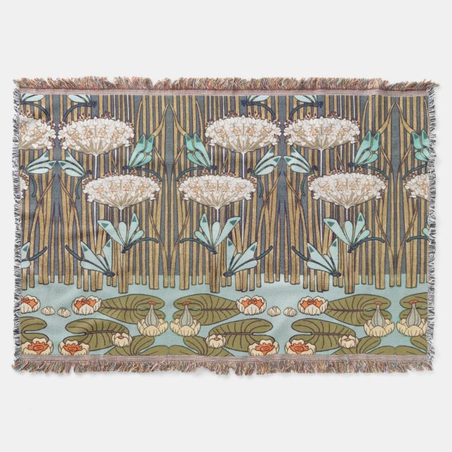 Dragonflies Water Lilies Marsh Art Nouveau Throw Blanket (Front)