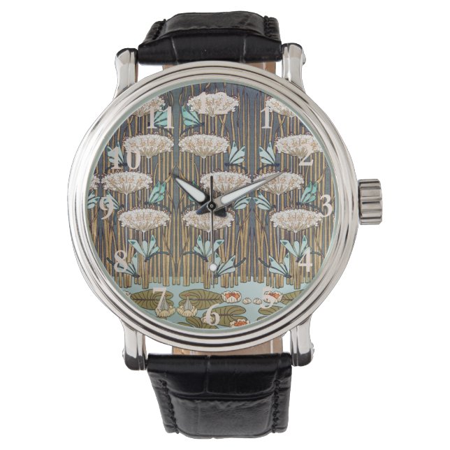 Dragonflies Water Lilies Marsh Art Nouveau Watch (Front)