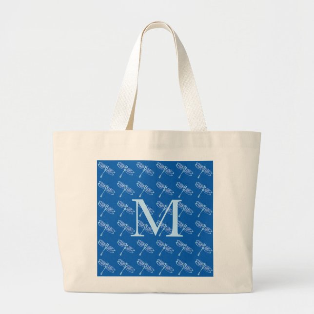 Dragonflies with monogram on denim blue large tote bag (Front)