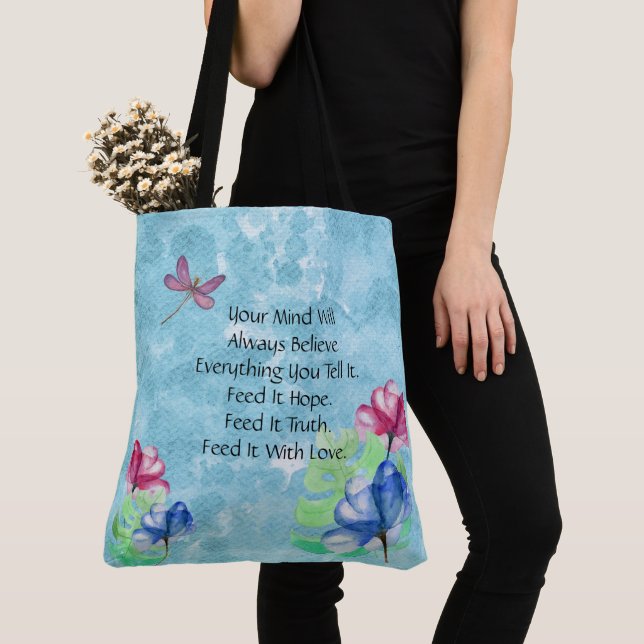 Dragonfly And Floral Watercolor Wash Tote Bag (Close Up)