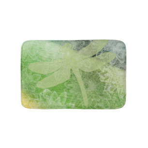 Dragonfly and Flower Art in Greens   Bath Mat