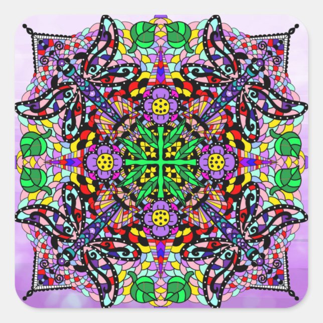Dragonfly and Flower Mandala Colourful  Square Sticker (Front)