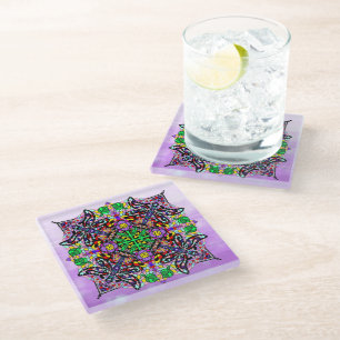 Dragonfly and Flower Themed Purple Colourful  Glass Coaster