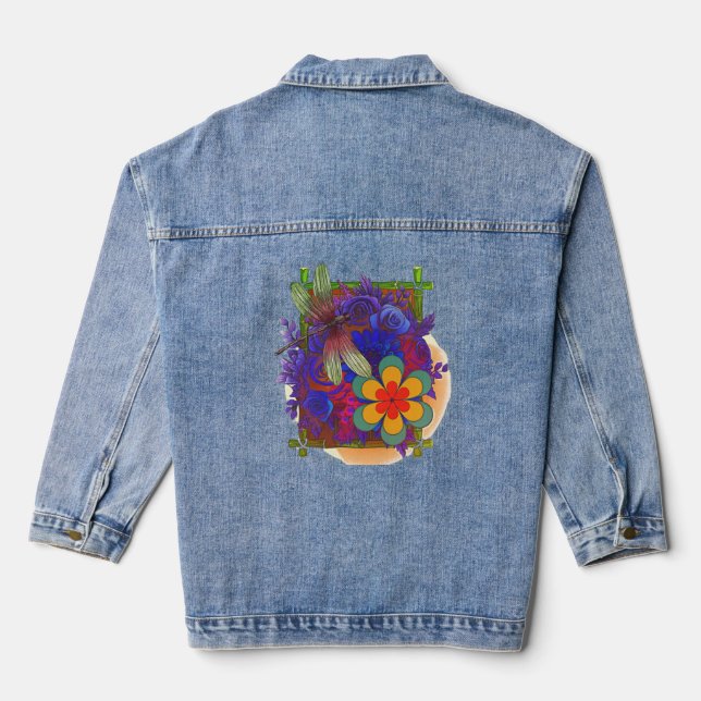 Dragonfly And Flowers Denim Jacket (Back)