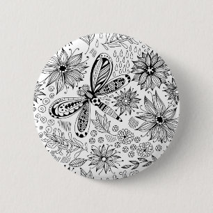 Dragonfly and flowers doodle 6 cm round badge