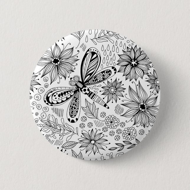 Dragonfly and flowers doodle 6 cm round badge (Front)