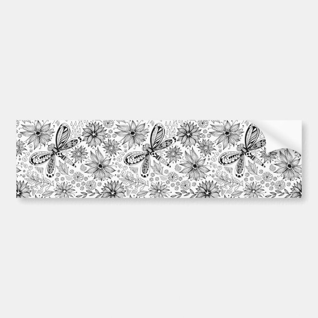 Dragonfly and flowers doodle bumper sticker (Front)