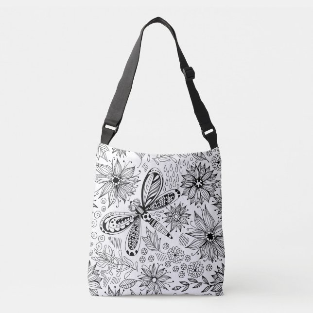 Dragonfly and flowers doodle crossbody bag (Front)