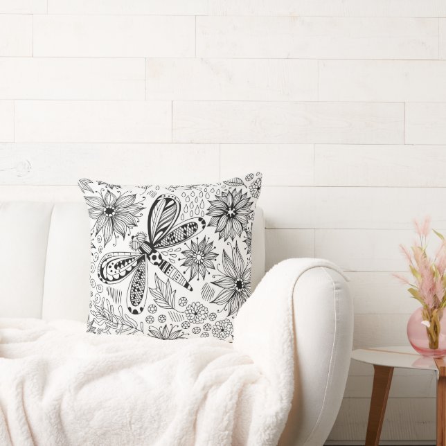 Dragonfly and flowers doodle cushion (Couch)