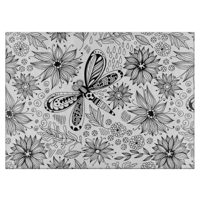 Dragonfly and flowers doodle cutting board (Front)