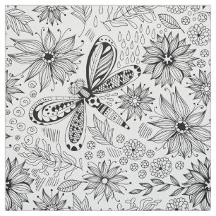 Dragonfly and flowers doodle fabric