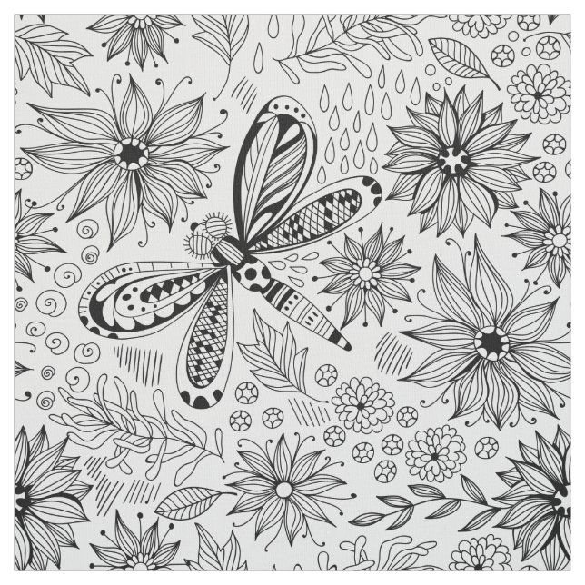 Dragonfly and flowers doodle fabric (Swatch)