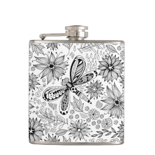 Dragonfly and flowers doodle hip flask