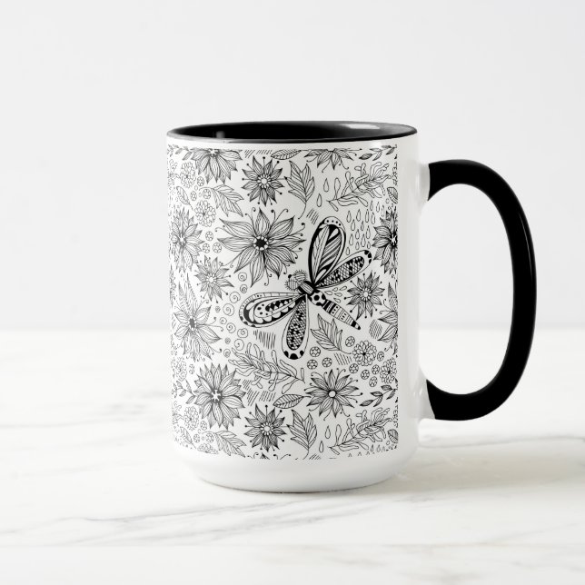 Dragonfly and flowers doodle mug (Right)