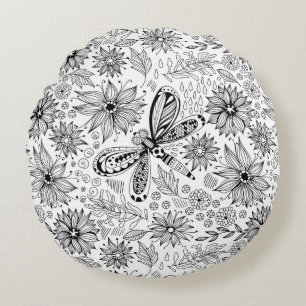 Dragonfly and flowers doodle round cushion
