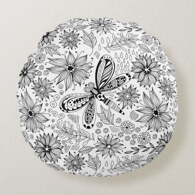 Dragonfly and flowers doodle round cushion (Front)