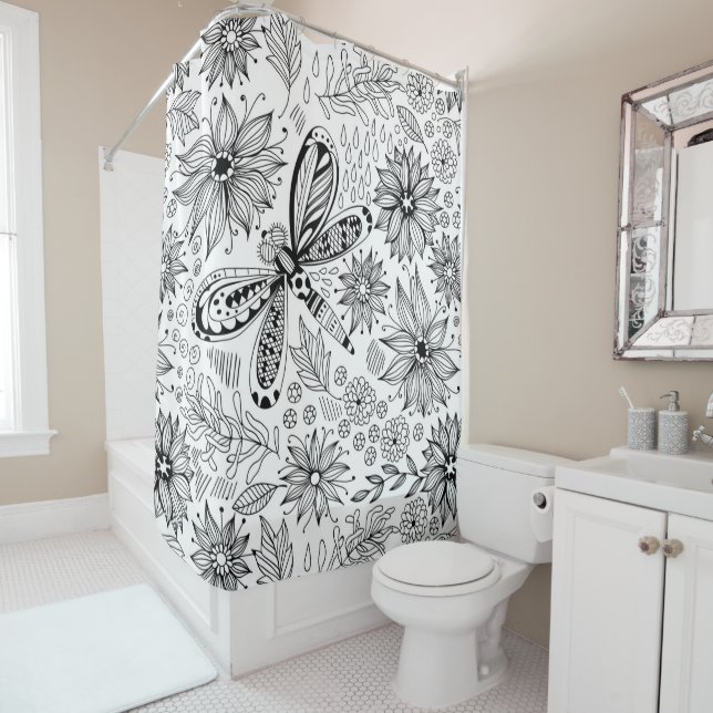 Dragonfly and flowers doodle shower curtain (In Situ)