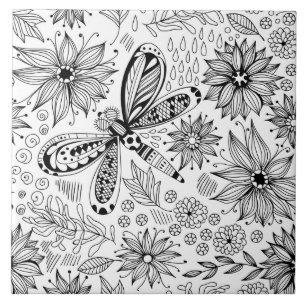 Dragonfly and flowers doodle tile