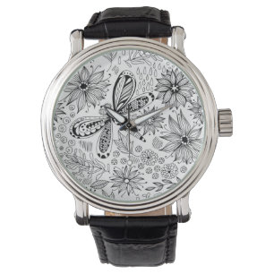 Dragonfly and flowers doodle watch