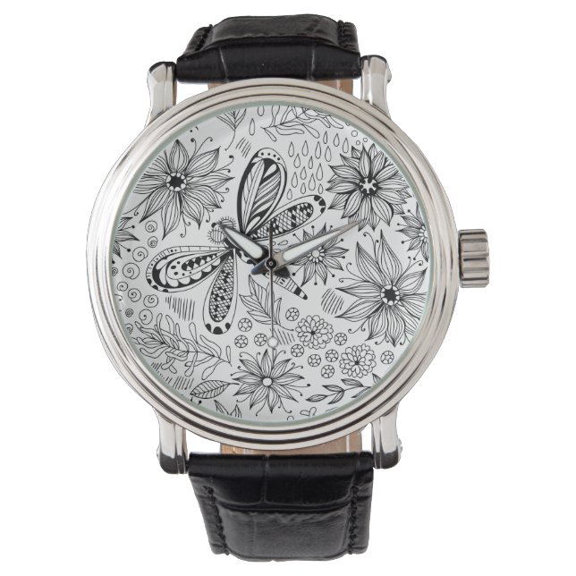 Dragonfly and flowers doodle watch (Front)