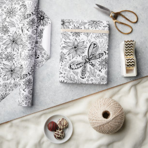 Dragonfly and flowers doodle wrapping paper