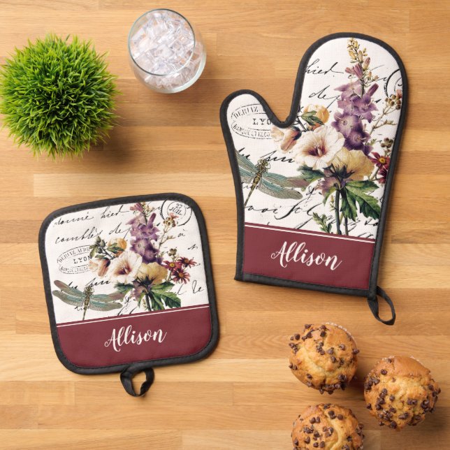 Dragonfly and flowers personalised Kitchen Towels Oven Mitt & Pot Holder Set (Top Down)