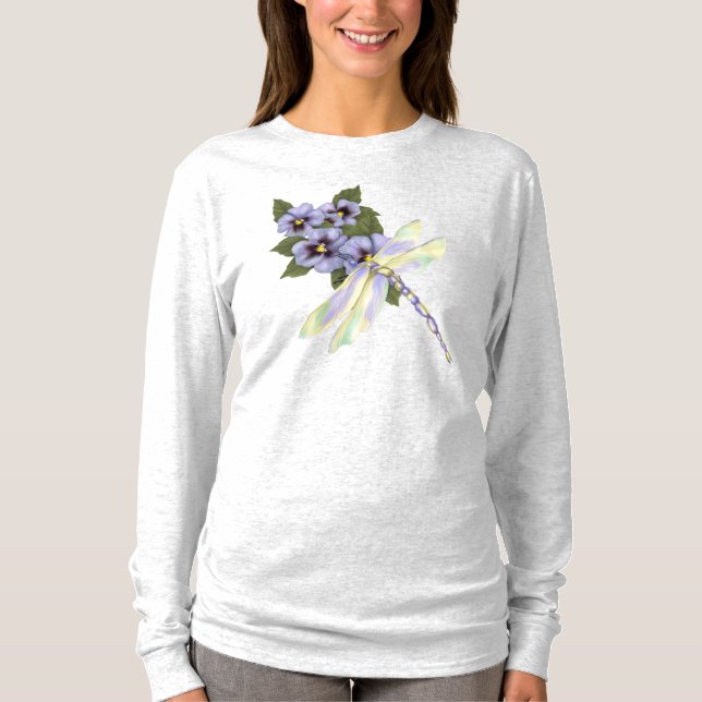 Dragonfly and Pansies T-Shirt (Front)