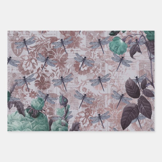 Dragonfly and Purple Floral Newsprint Wrapping Paper Sheet (Front)
