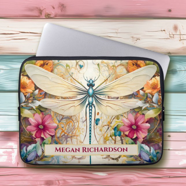 Dragonfly And Wildflowers With Name Laptop Sleeve (Creator Uploaded)