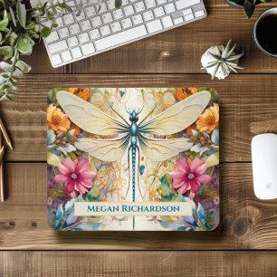 Dragonfly And Wildflowers With Name Mouse Pad
