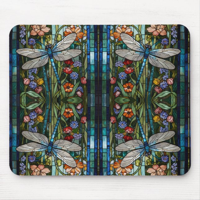 Dragonfly art boho floral botanical stain glass mouse pad (Front)