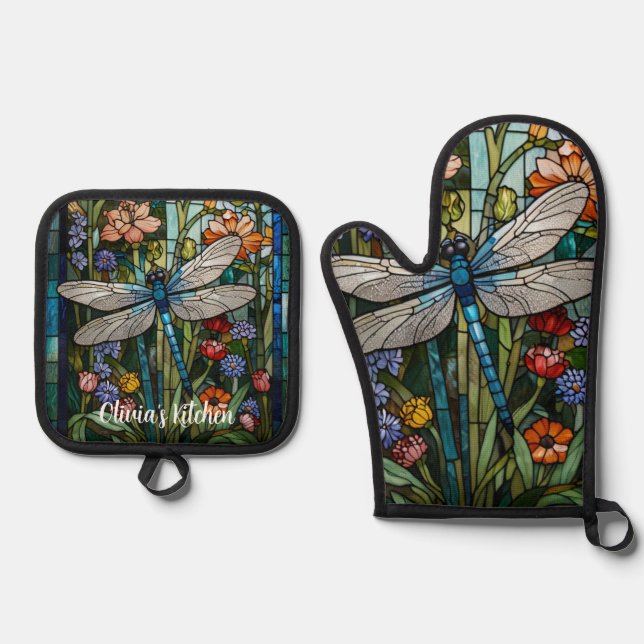 Dragonfly art boho floral botanical stain glass oven mitt & pot holder set (Front)